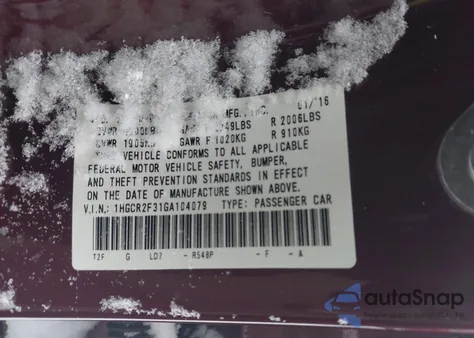 2016 Honda Accord Lx из США, поврежденный, VIN 1HGCR2F31GA104079